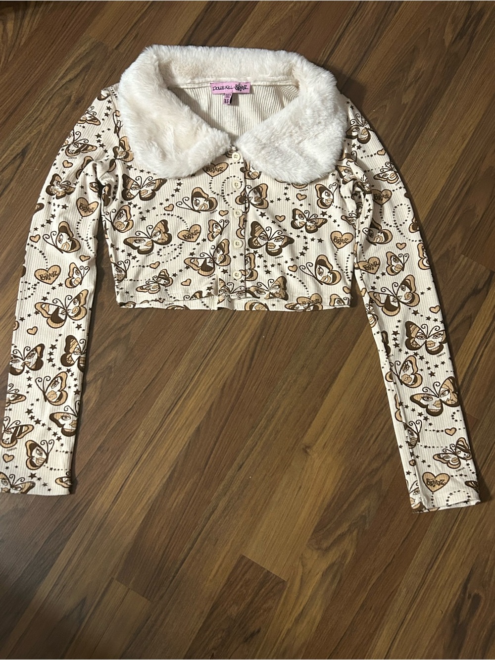 Dolls Kill X Bratz Top Butterfly Print Cropped Cardigan with Faux Fur Collar Y2K